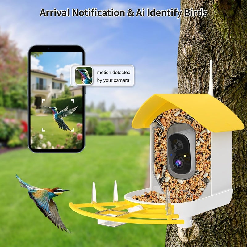 Fazoxo Smart Bird Feeder with Camera, Birds AI Identify, Motion Detection with Real-Time Notice, WiFi FHD Bird Camera, Auto Capture, Solar Powered Outdoor Charging Bird House, IP65 Waterproof,Yellow - Image 2